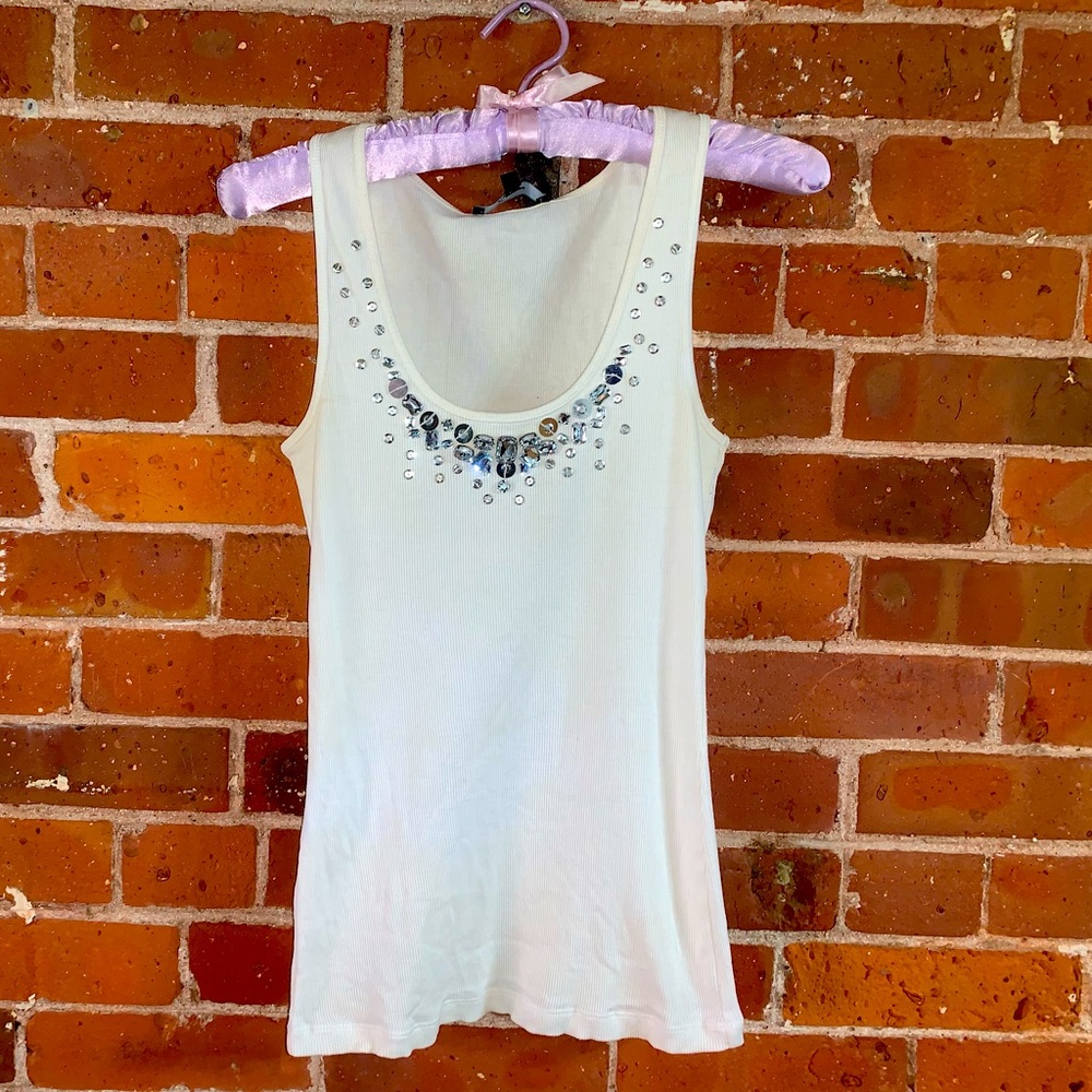 Express Rhinestone Embellished Ribbed White Tank Top - Medium